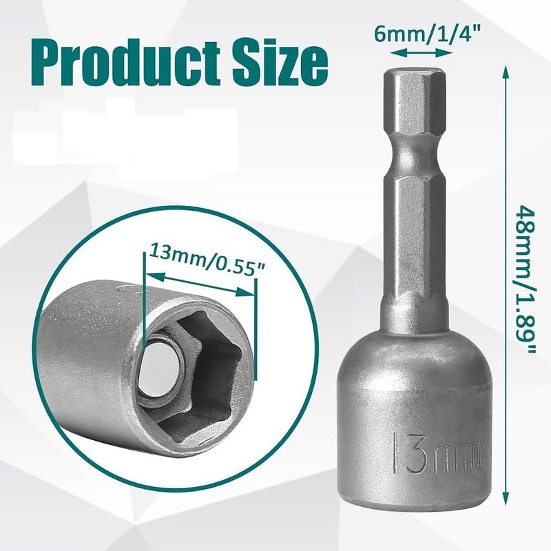 fixinus Store Impact Driver Bit 13mm, Magnetic 1/4" Hex Shank Quick-Change Nut Setter Drill Bit Metric Socket, 48mm Length - Image 2
